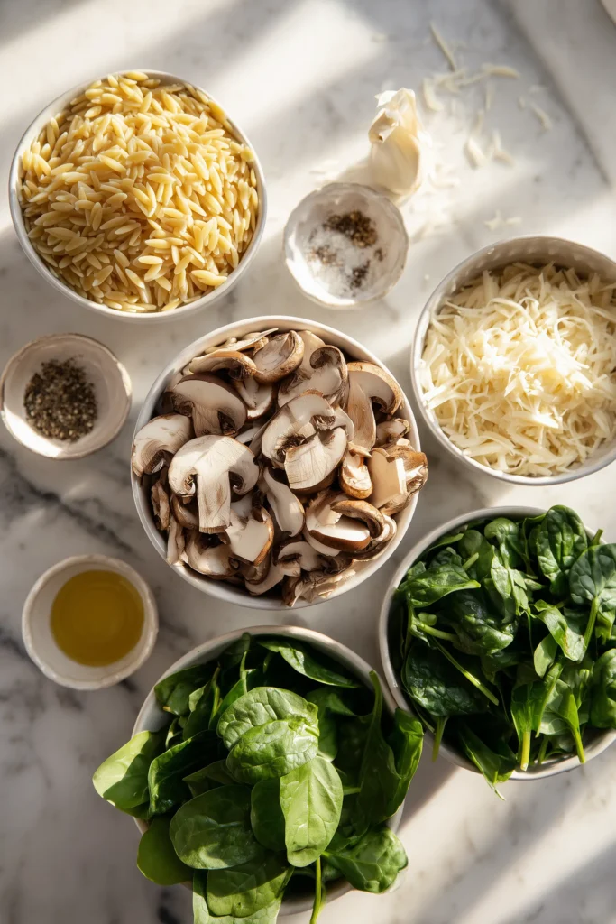 Spinach Mushroom Orzo 2 Ingredients for Spinach Mushroom Orzo arranged in small bowls on a white marble surface.