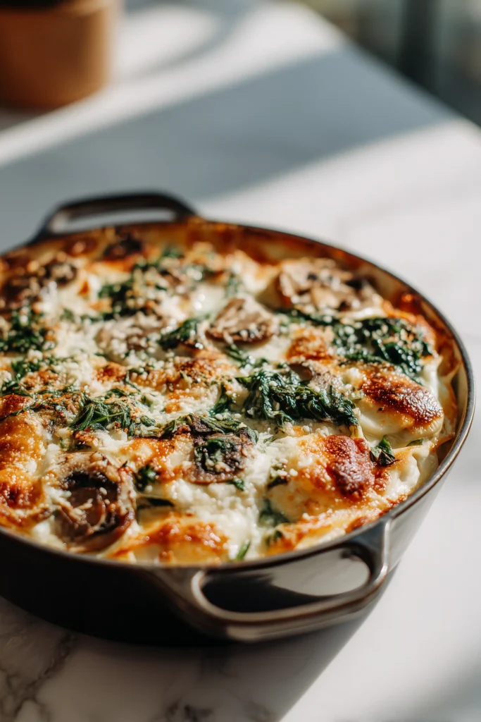 Golden spinach mushrooms white lasagna with creamy layers and bubbly cheese on top.