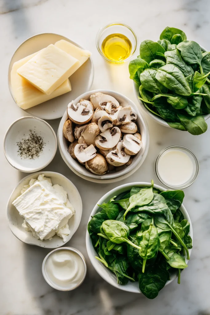 Various fresh ingredients for spinach mushrooms white lasagna arranged on a light background.