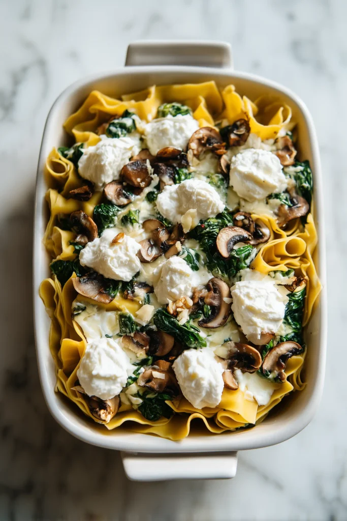 Casserole dish showing layers of spinach mushrooms white lasagna with cheese and vegetables.