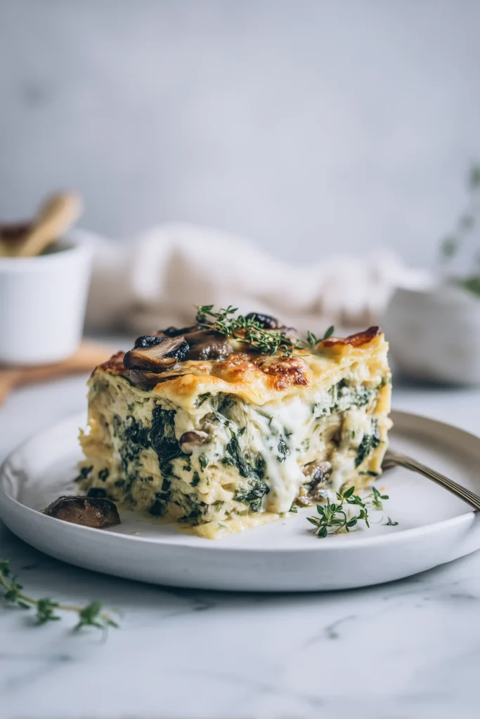 A plated slice of spinach mushrooms white lasagna with golden top and creamy layers.