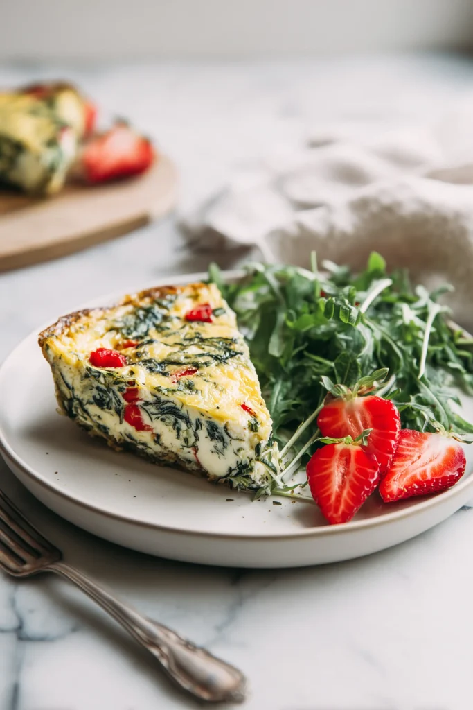 Slice of Spinach Ricotta Quiche with a fresh salad and strawberry slices on a bright plate.