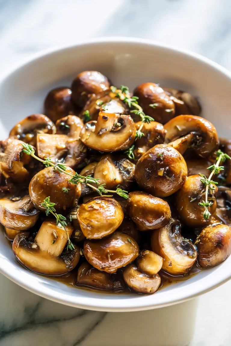 A bowl of steakhouse mushrooms in a buttery sauce with thyme, showing golden edges and rich texture.