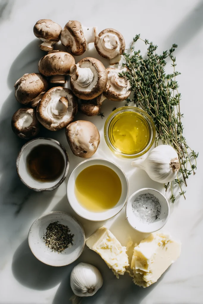 Steakhouse Mushrooms 2 Steakhouse mushrooms ingredients—mushrooms, herbs, butter, seasonings—arranged on bright marble.