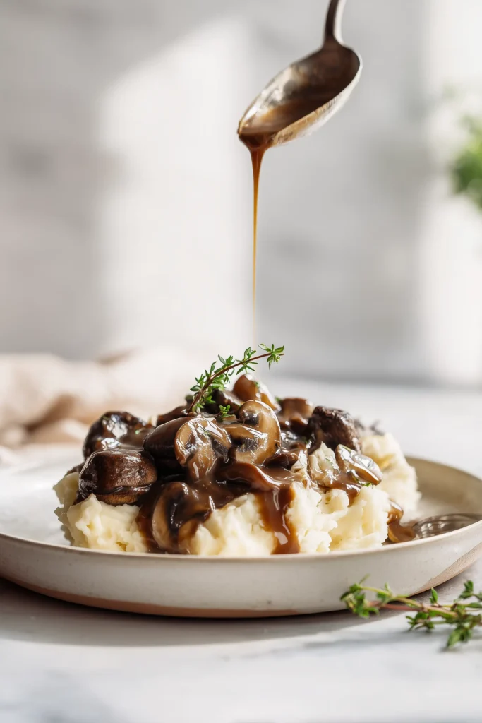 Steakhouse Mushrooms 4 Steakhouse mushrooms served on mashed potatoes with thyme and glossy savory sauce.