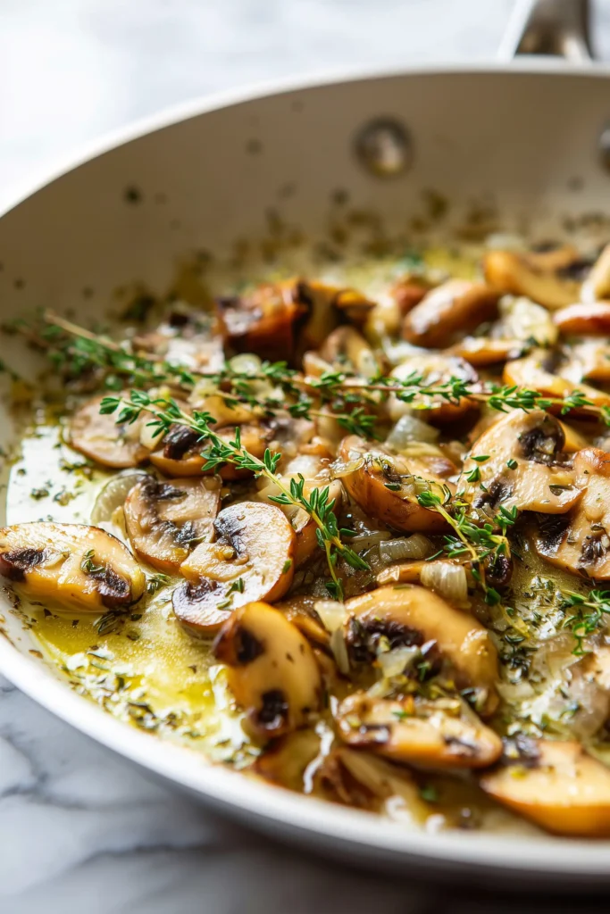 Steakhouse Mushrooms 3 Mushrooms cooking with melted butter and herbs in a skillet for steakhouse mushrooms.