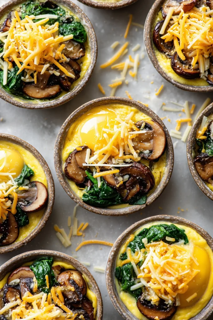 Mouthwatering Spinach and Mushroom Quiche Muffins 3 Muffin tin filled with spinach and mushrooms as egg mixture is poured in for mouthwatering spinach and mushroom quiche muffins.