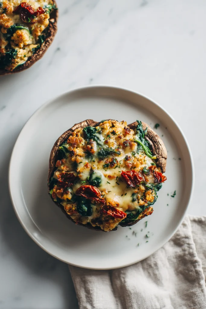 Golden-Crispy Portabella Mushroom Recipe (Easy, Comfort-Food Style) 4 Stuffed portabella mushroom with spinach, crumbs, and cheese, showing a variation of the portabella mushroom recipe.