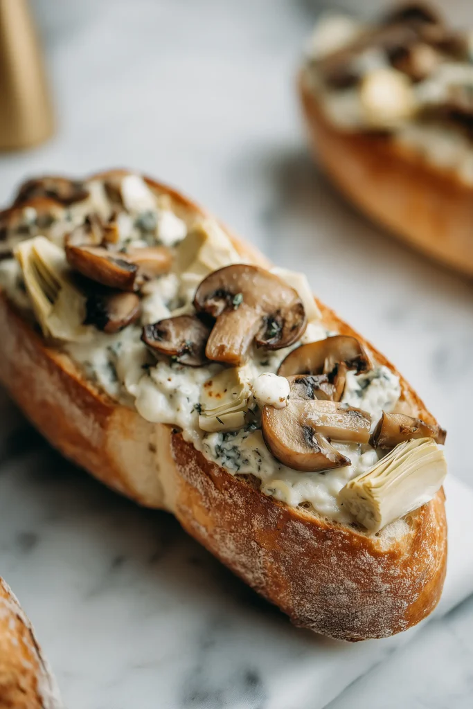 Cheesy Artichoke and Mushroom Stuffed Baguette 2 Cheesy artichoke and mushroom filling being spread inside a halved baguette.