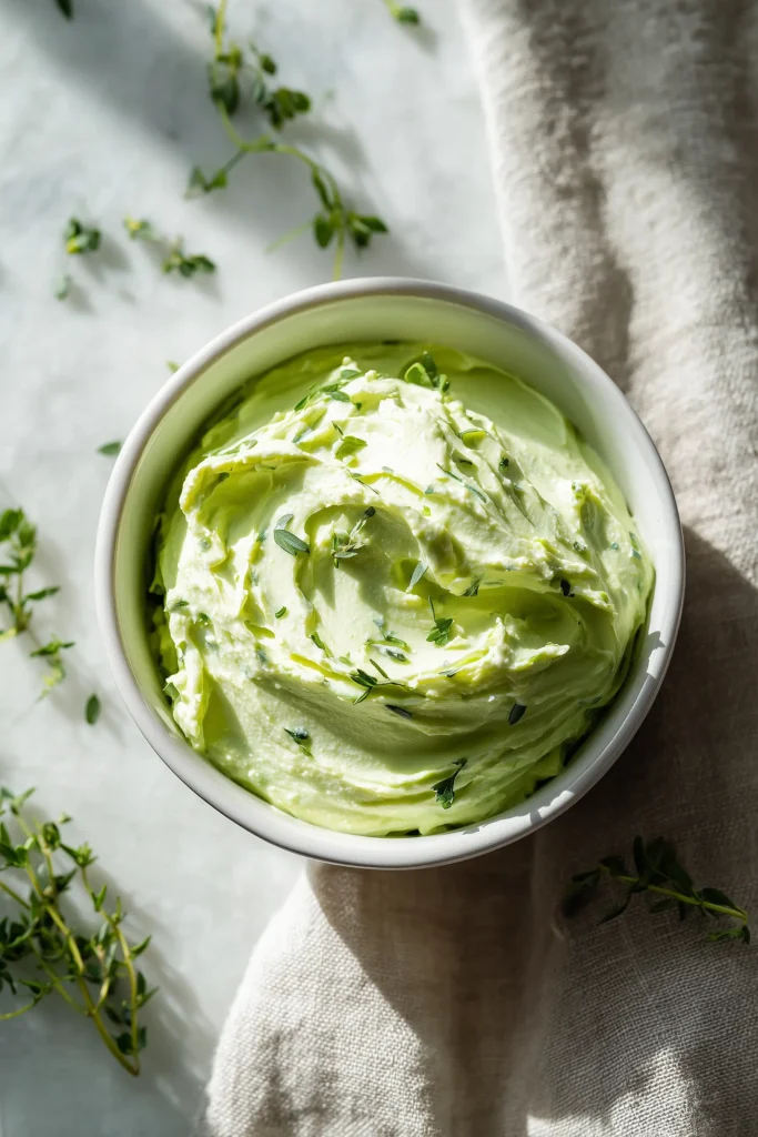 Bowl of whipped feta avocado topping, ready for loaded sweet potato skins with whipped feta avocado.