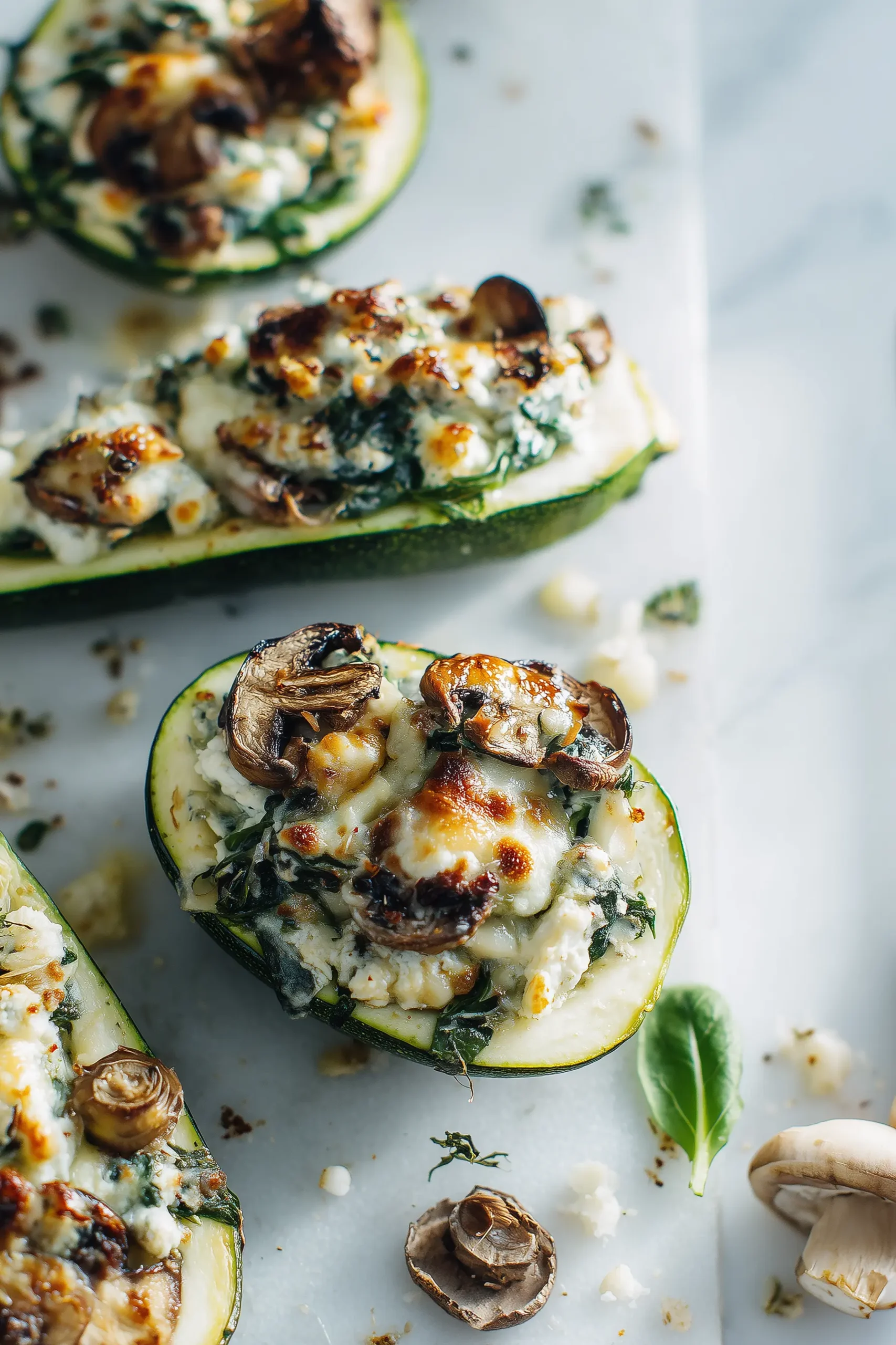 Overhead shot of Zucchini Boats Stuffed with Spinach Mushroom Ricotta on a marble surface, showing golden tops and creamy filling.