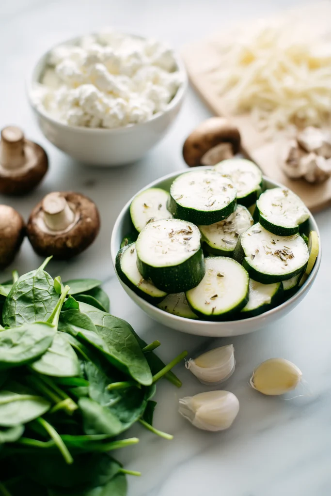 Fresh zucchini, spinach, mushrooms, ricotta, garlic, and herbs arranged for Zucchini Boats Stuffed with Spinach Mushroom Ricotta.