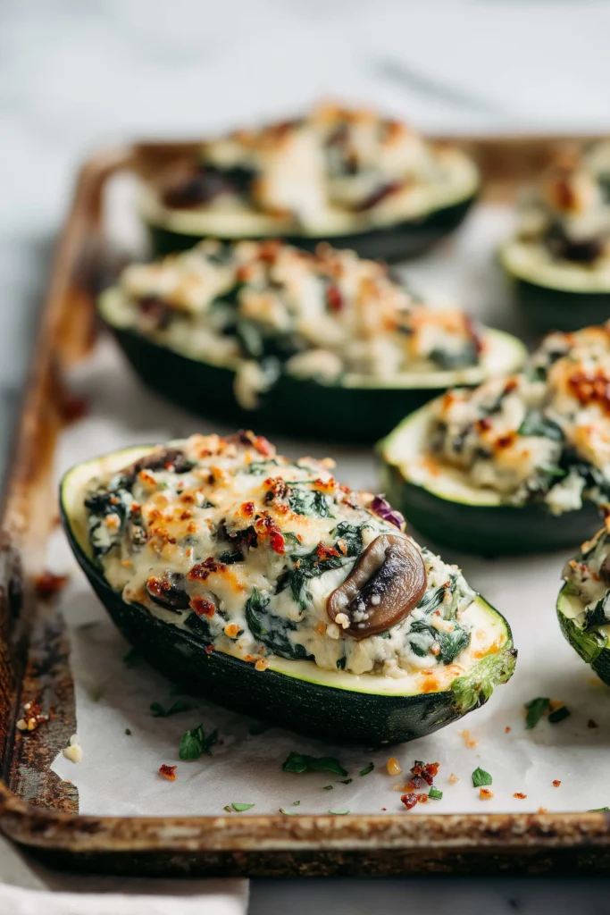 Zucchini halves on a tray being stuffed with spinach, mushrooms, and ricotta for Zucchini Boats Stuffed with Spinach Mushroom Ricotta.