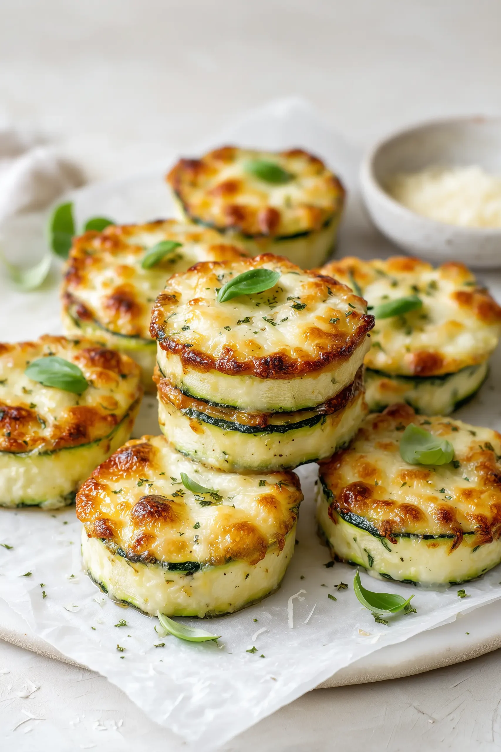 Baked Cheesy Zucchini Stacks 5 Baked Cheesy Zucchini Stacks with golden cheese on a tray, styled bright and cozy.