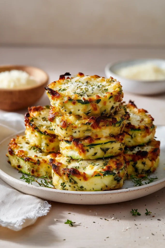 Golden baked zucchini stacks with melted cheese and herbs on a cozy plate in bright, airy kitchen light.