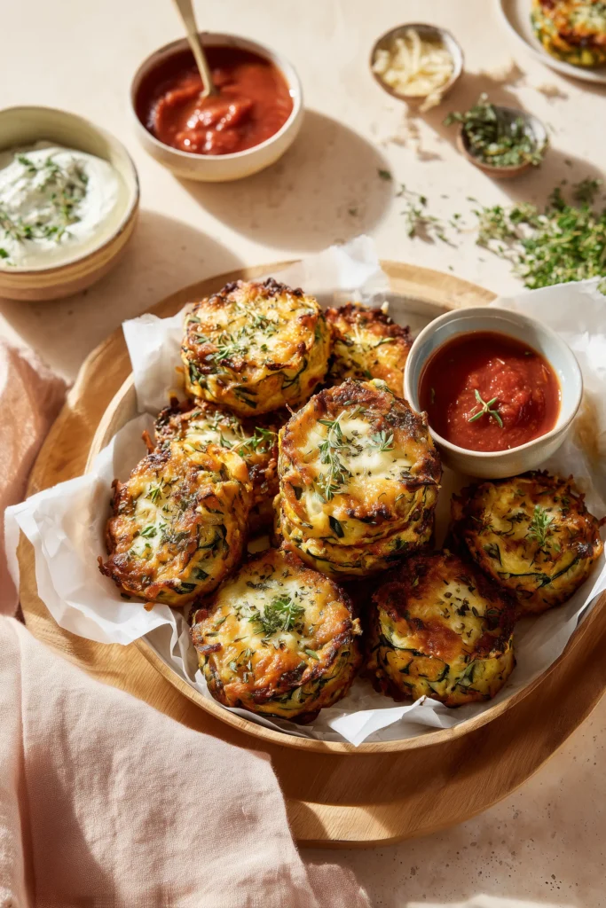 Baked Cheesy Zucchini Stacks 4 Family platter of golden zucchini stacks with dips, herbs, and cozy table accents in bright, inviting light.
