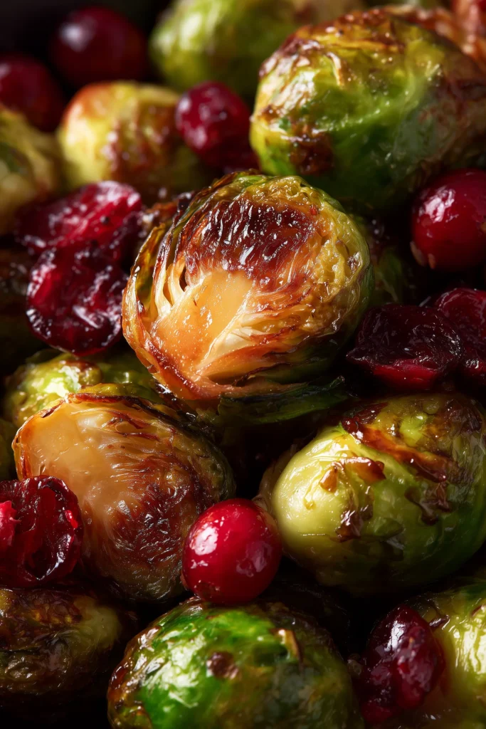 Brussels Sprouts with Cranberries: Cozy, Colorful, and Comforting 4 Close-up on crispy roasted Brussels sprout edges and glossy cranberries.