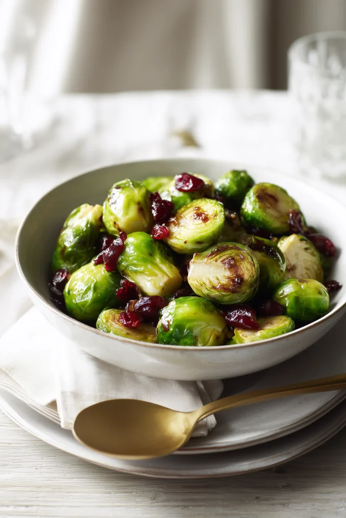 Brussels Sprouts with Cranberries: Cozy, Colorful, and Comforting 3 Bowl of Brussels sprouts with cranberries on a set table, inviting and ready to serve.