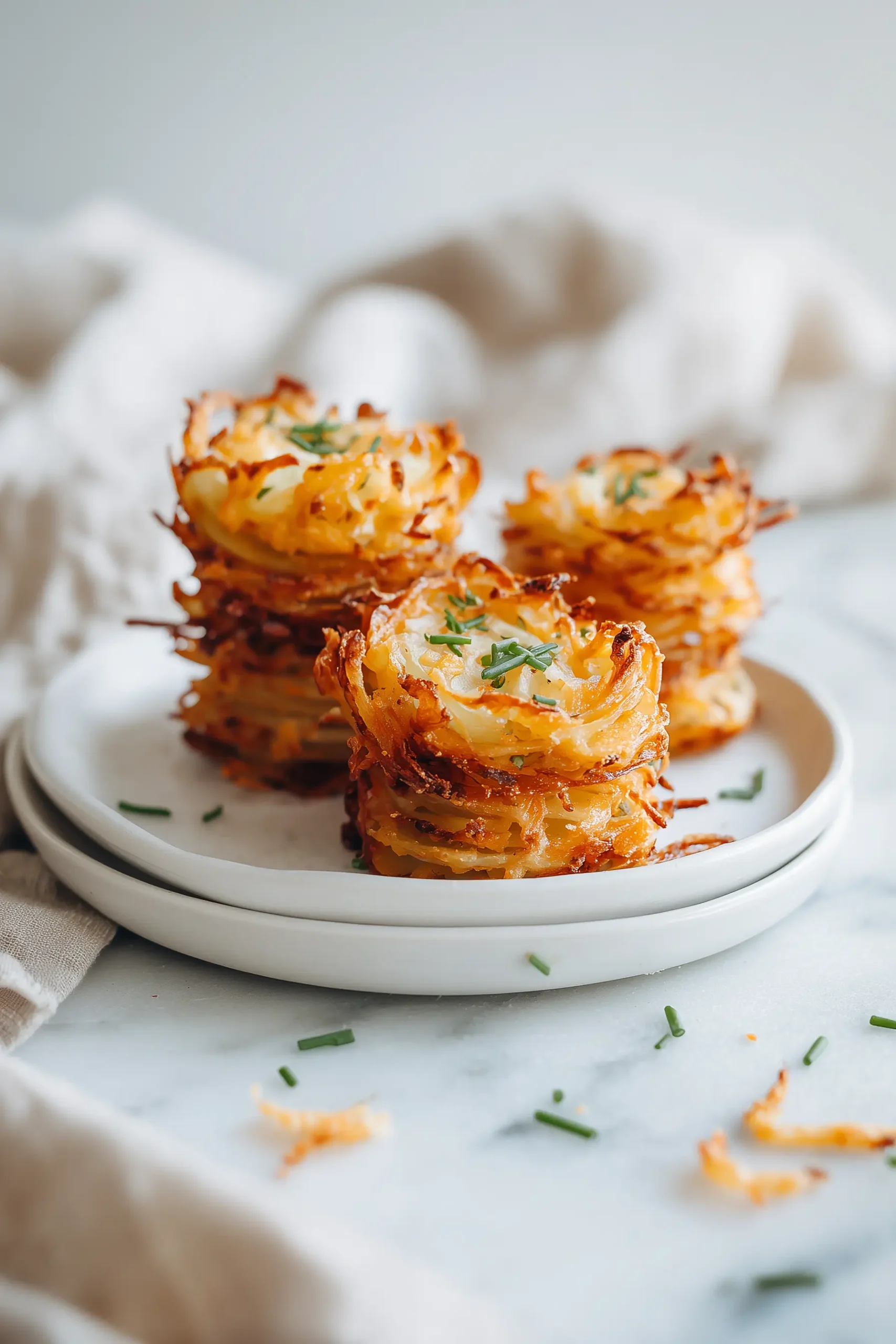 Overhead view of buttsharp cheddar potato stacks on a white plate with golden lacy edges and creamy cheese-filled centers.