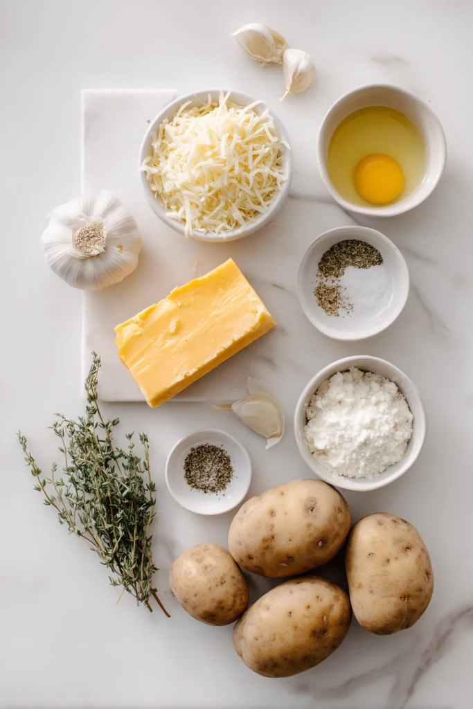 Crispy Cheddar Potato Stacks with Lacy Edges & Creamy Centers 2 Overhead flat lay of ingredients for buttsharp cheddar potato stacks including potatoes, sharp cheddar, Parmesan, melted butter, garlic, herbs, salt, and pepper on white marble.