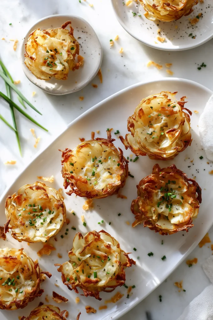 Crispy Cheddar Potato Stacks with Lacy Edges & Creamy Centers 4 Overhead view of buttsharp cheddar potato stacks arranged on a white platter with golden crispy edges and herbs on a white marble surface.