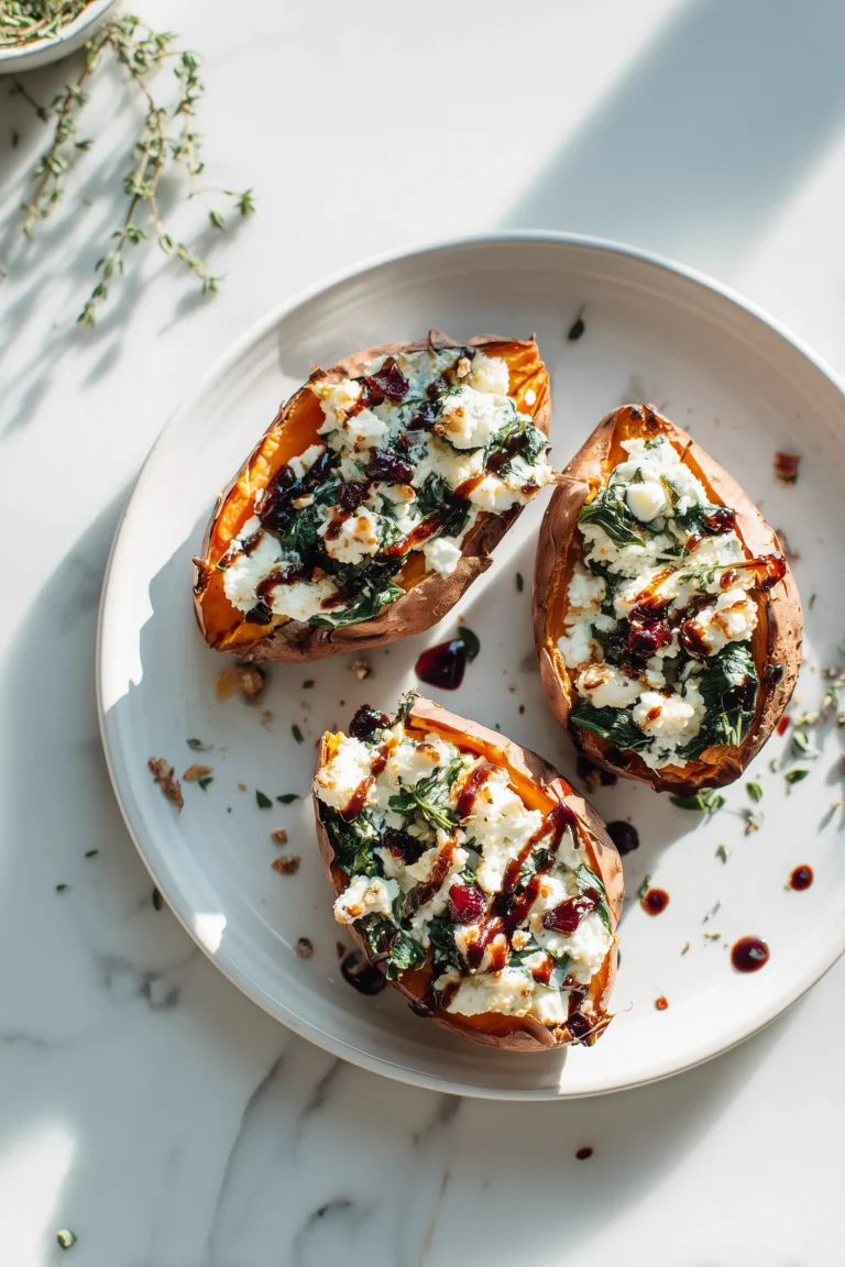 Close-up of Creamy Ricotta & Spinach Stuffed Sweet Potatoes topped with melty cheese and balsamic-cranberry drizzle on a white plate.