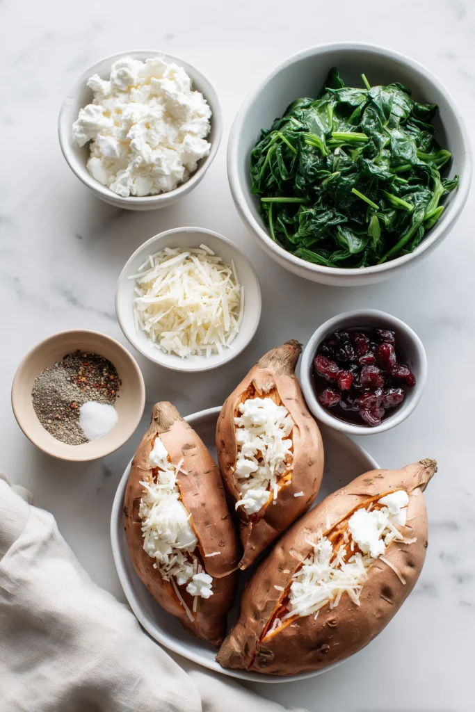 Overhead view of ingredients laid out for Creamy Ricotta & Spinach Stuffed Sweet Potatoes on a white marble surface.
