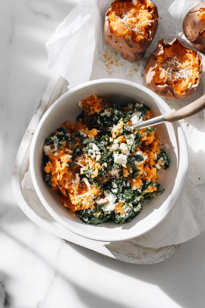Bowl of mashed sweet potato, ricotta, spinach, and cheese being mixed for Creamy Ricotta & Spinach Stuffed Sweet Potatoes with empty shells nearby.