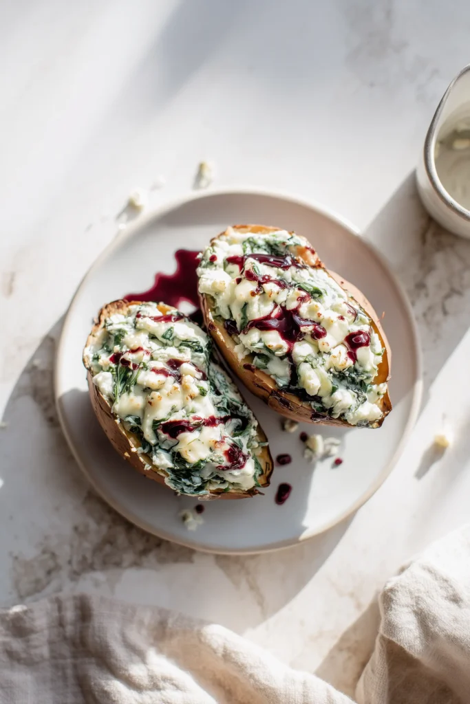 Single serving of Creamy Ricotta & Spinach Stuffed Sweet Potatoes on a white plate with extra balsamic-cranberry drizzle.
