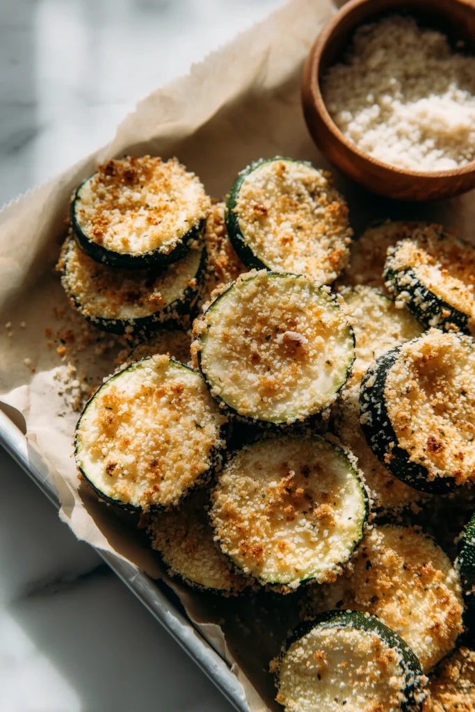 Crispy Zucchini Dish 2 Coated zucchini slices arranged on parchment after breading, showing the crunchy exterior of a crispy zucchini dish before baking.
