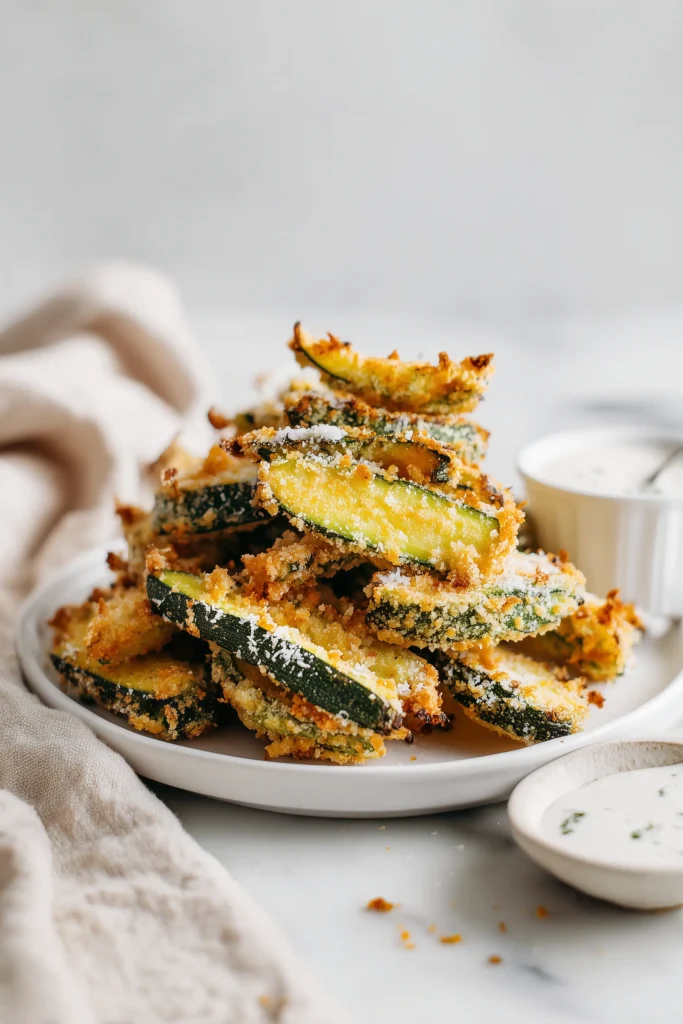 Hero shot of a crispy zucchini dish with golden-brown zucchini bites on a white plate and dipping sauce on a bright marble surface.