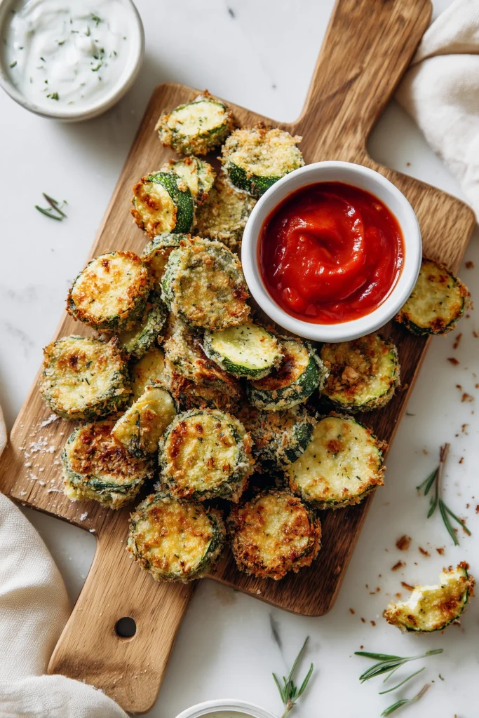 Crispy Zucchini Dish 3 Serving board with golden crispy zucchini dish arranged beside small bowls of marinara and yogurt dip on a bright marble surface.