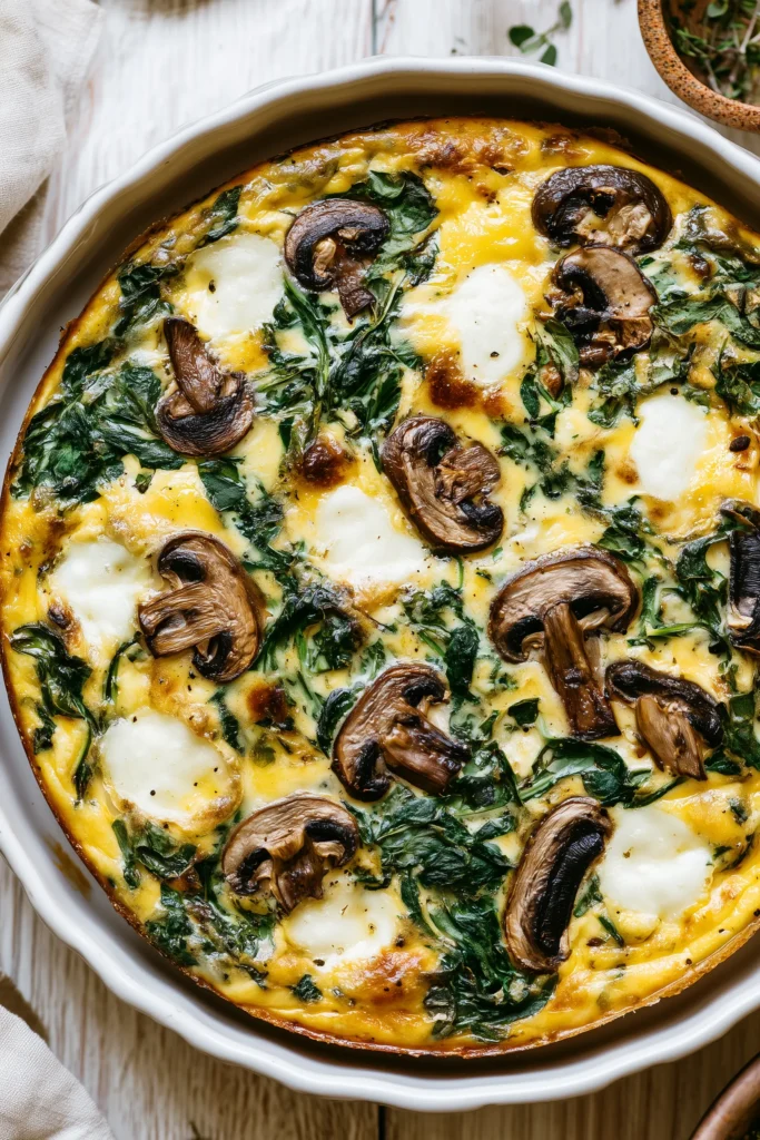 Golden crustless quiche with spinach and mushrooms in a white pie plate on a bright kitchen table.