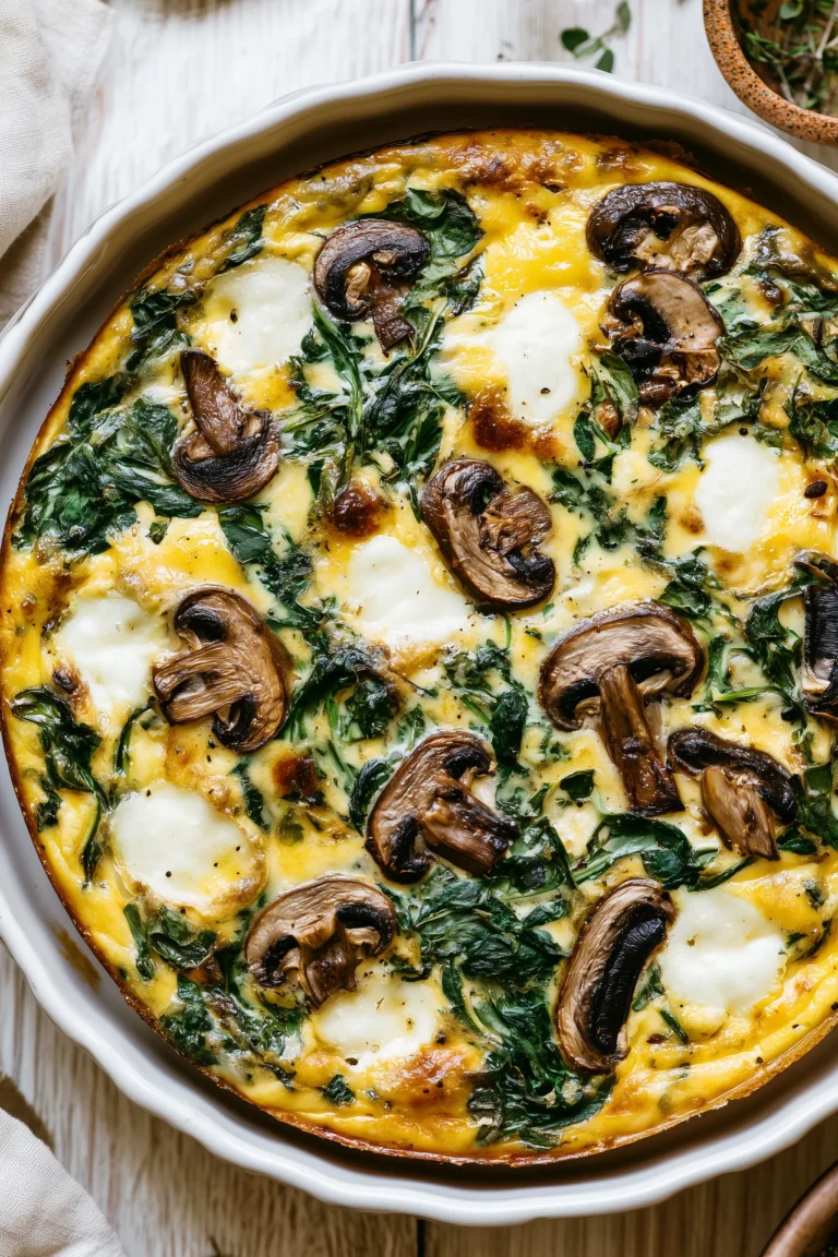 Golden crustless quiche with spinach and mushrooms in a white pie plate on a bright kitchen table.