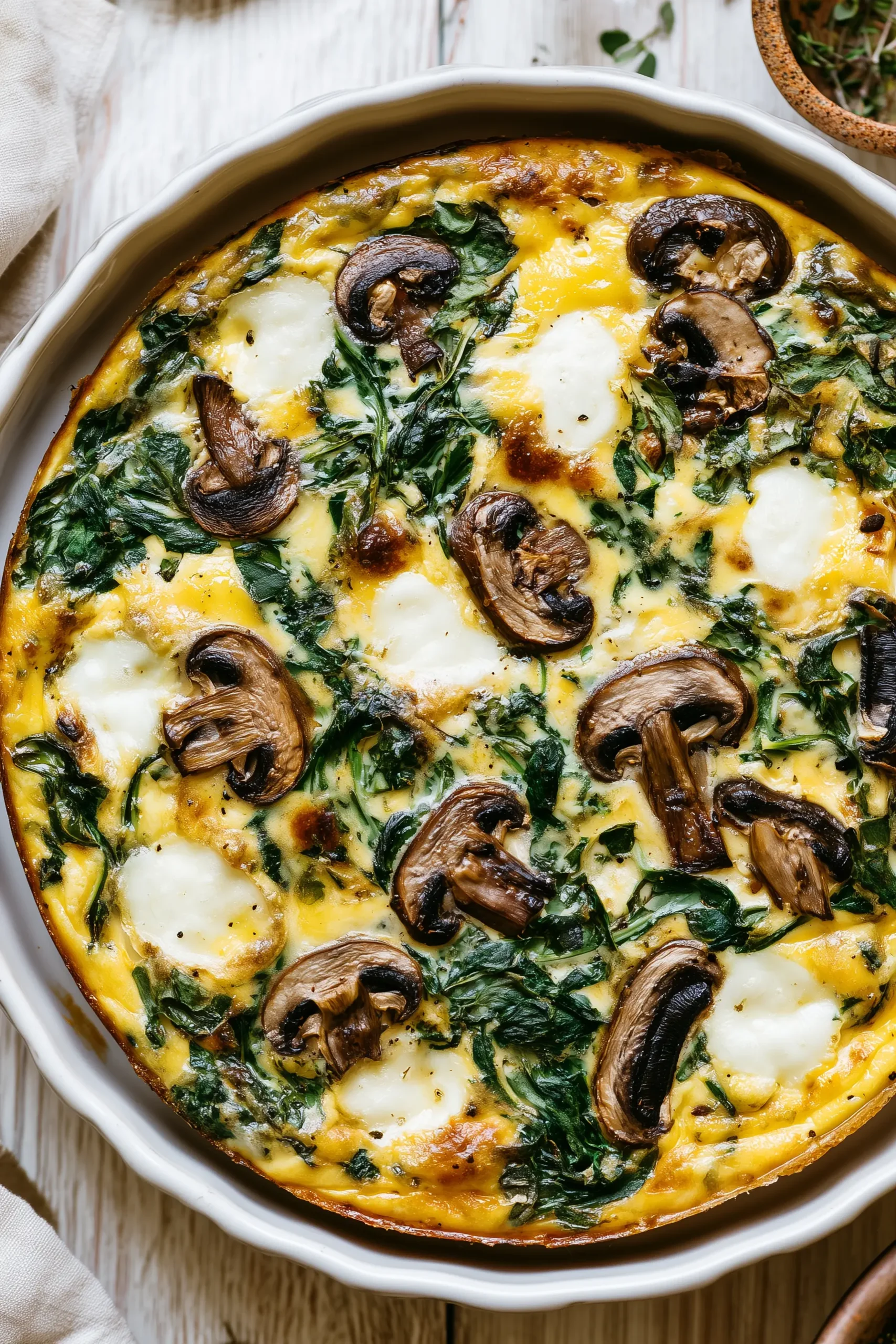 Crustless Quiche with Spinach and Mushrooms (Light, Cozy, Make-Ahead) 4 Golden crustless quiche with spinach and mushrooms in a white pie plate on a bright kitchen table.