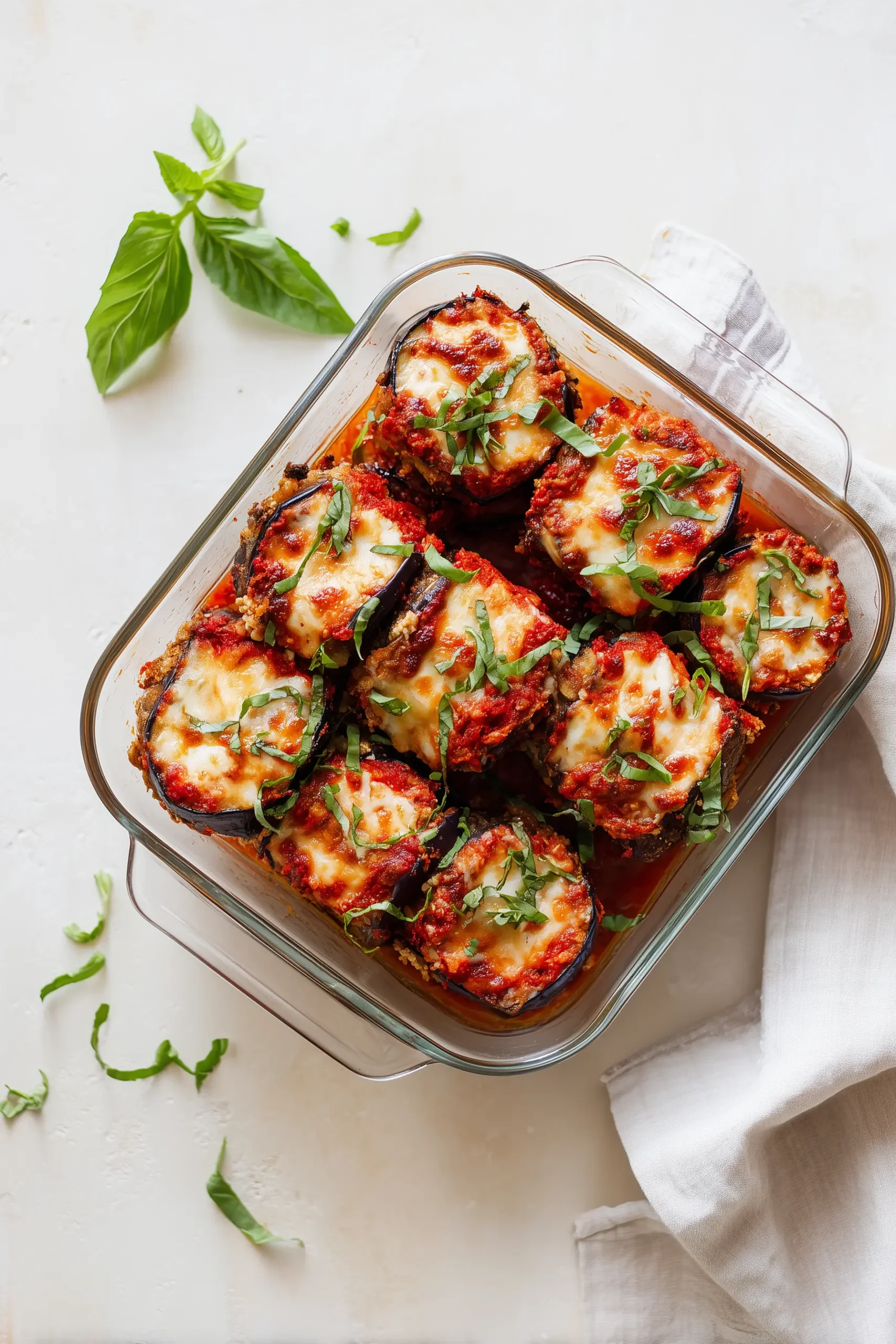 Glass storage container with leftover eggplant parmesan slices, on an off-white surface.