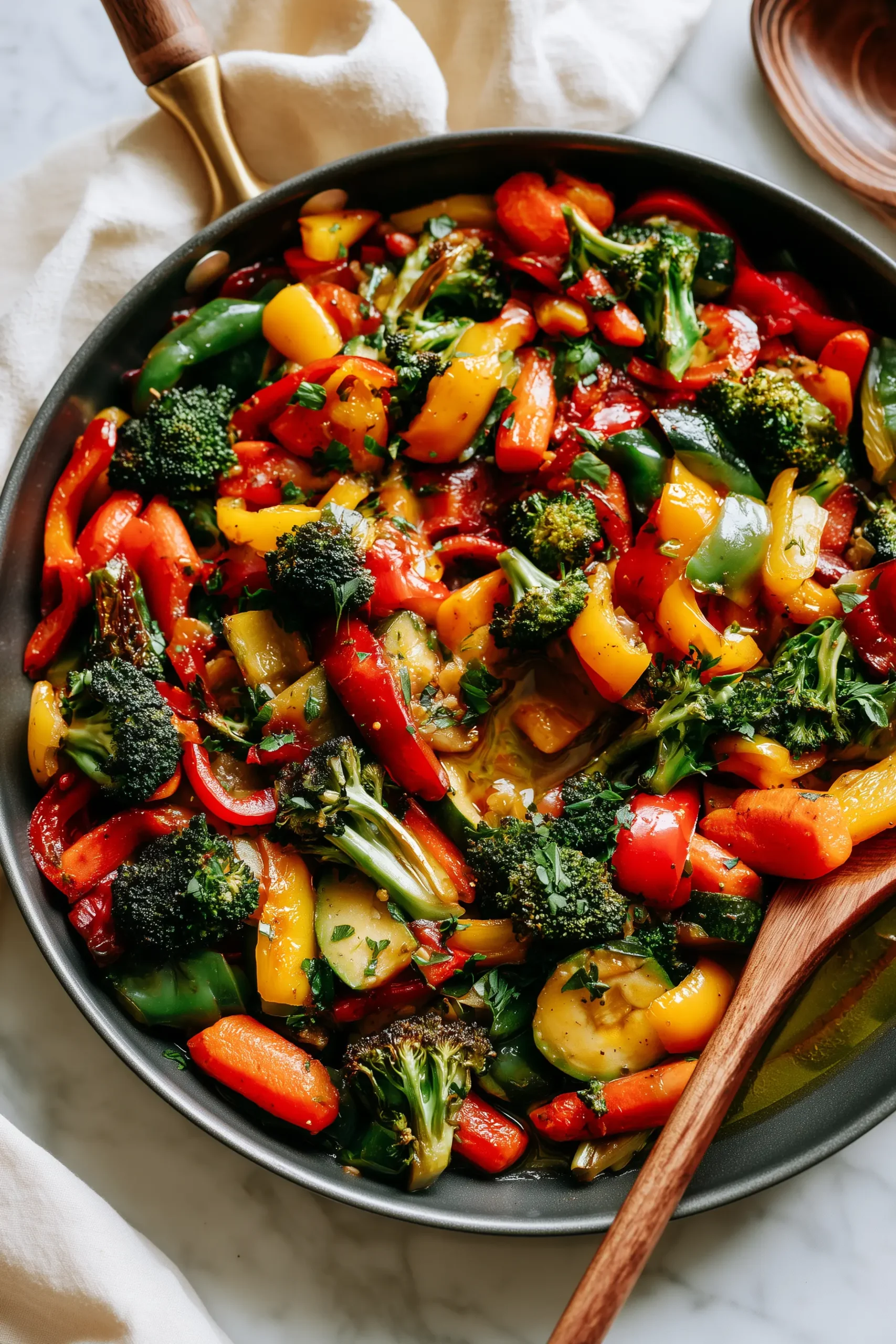 Brightly colored sautéed vegetables in a skillet, arranged on a marble surface with neutral props.