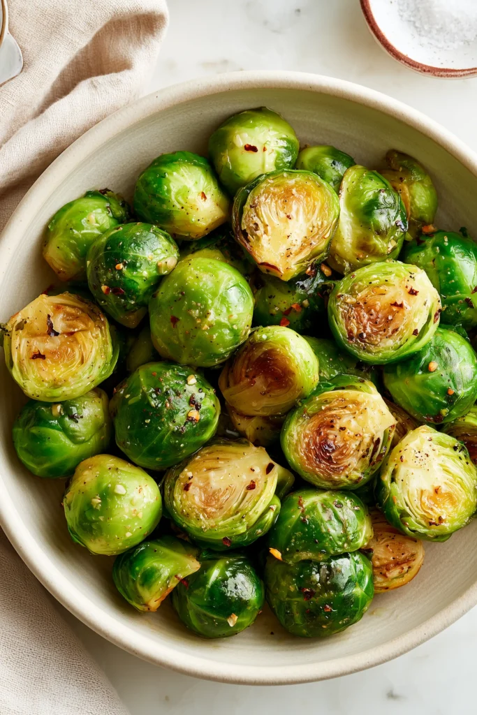 Platter of golden, crispy Garlic Butter Sautéed Brussels Sprouts glistening with butter and fresh herbs on a white marble table.