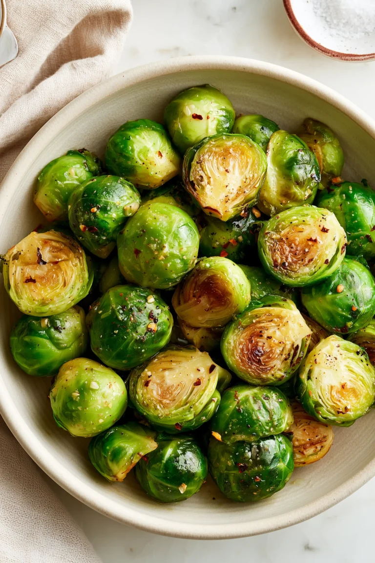 Platter of golden, crispy Garlic Butter Sautéed Brussels Sprouts glistening with butter and fresh herbs on a white marble table.