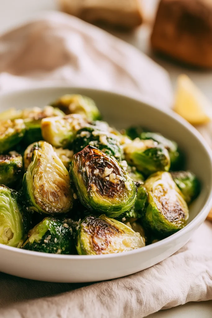 Family-style serving dish of Garlic Butter Sautéed Brussels Sprouts on a homey table with soft daylight.