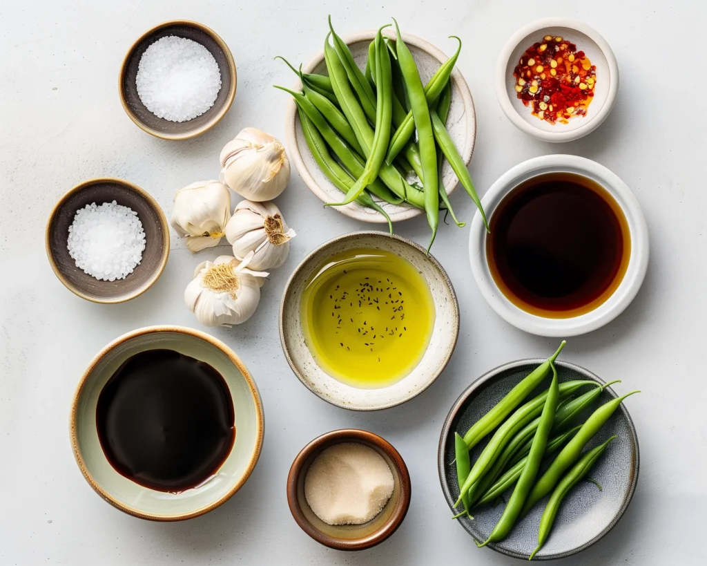 Flat-lay of green beans, garlic, sauces, and seasonings arranged neatly on a light background.