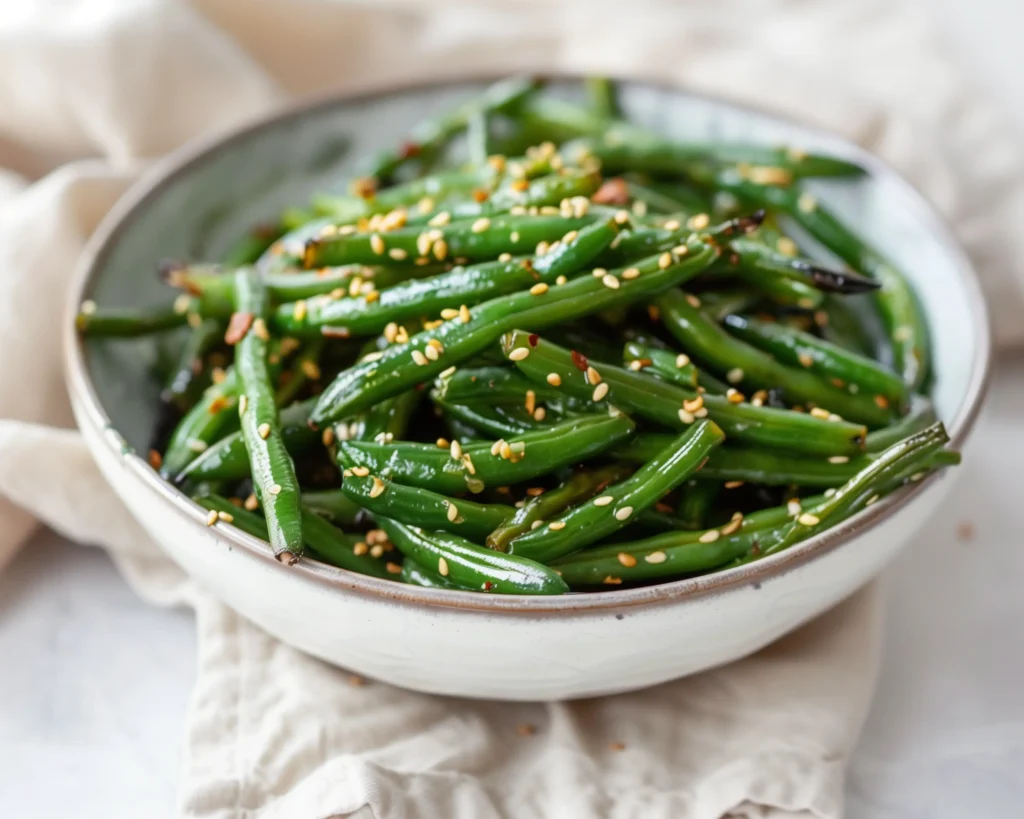 A serving bowl of spicy garlic green beans with sesame seeds, photographed in bright, soft daylight.
