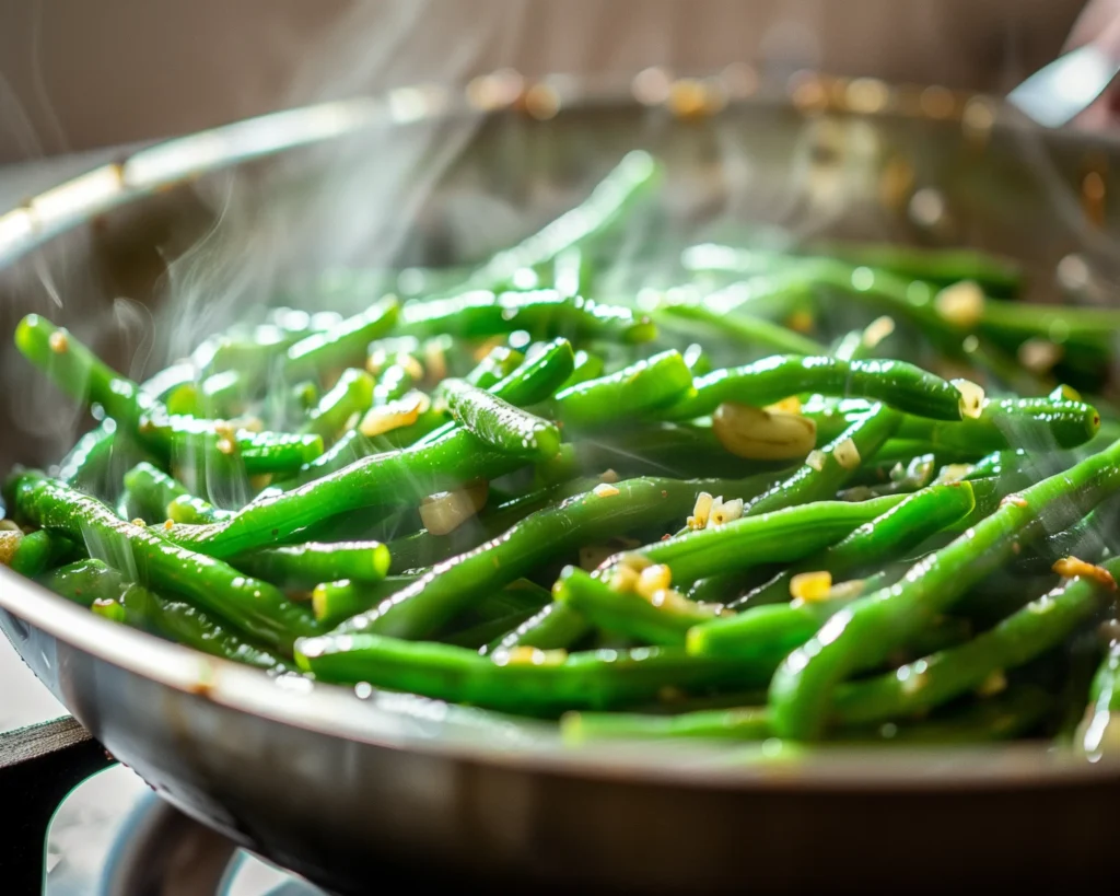 Green beans and minced garlic cooking in a skillet, bright and fresh, set on a clean kitchen surface.