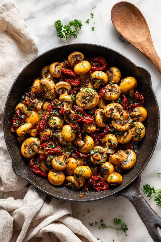 Mushrooms with Sun-Dried Tomatoes Recipe 1 Overhead view of skillet with sautéed mushrooms and sun-dried tomatoes, garnished with parsley, on marble background.