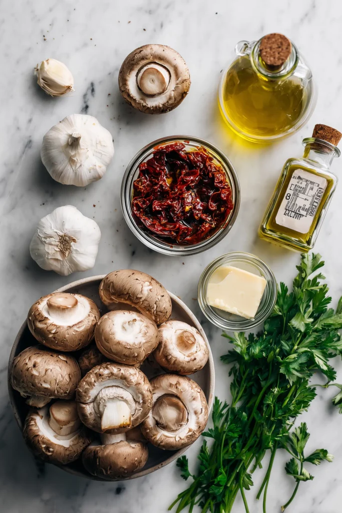 Mushrooms with Sun-Dried Tomatoes Recipe 2 Flat-lay of cremini mushrooms, sun-dried tomatoes, garlic, butter, olive oil, and parsley on a white marble surface.