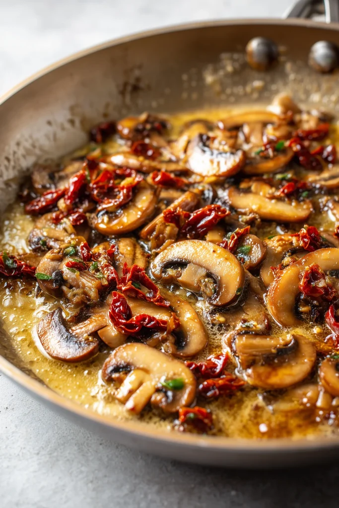 Mushrooms with Sun-Dried Tomatoes Recipe 3 Close-up of skillet with mushrooms and sun-dried tomatoes in a buttery sauce, cooking in natural light.