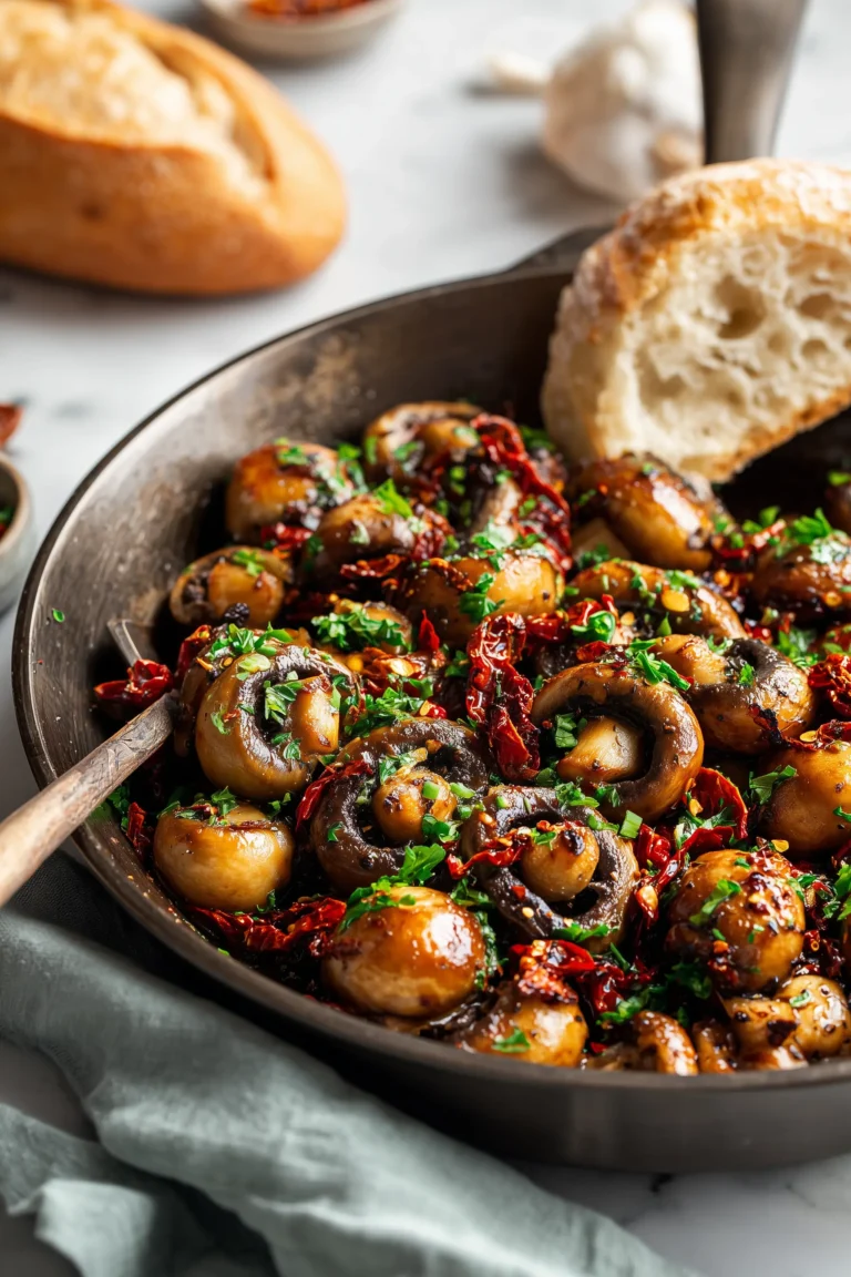 Mushrooms with sun-dried tomatoes in a skillet, garnished with parsley and chili flakes, set on a bright marble background.