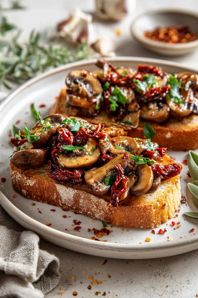 Mushrooms with Sun-Dried Tomatoes Recipe 4 Mushrooms with sun-dried tomatoes served on toasted bread, garnished, in bright natural light.