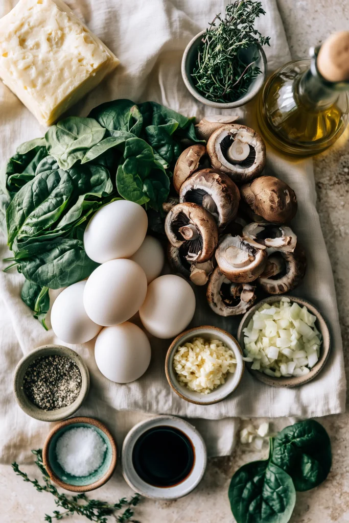 Crustless Quiche with Spinach and Mushrooms (Light, Cozy, Make-Ahead) 2 Flat lay of eggs, spinach, cheese, mushrooms, and spices on cream linen and light stone, ready for quiche.