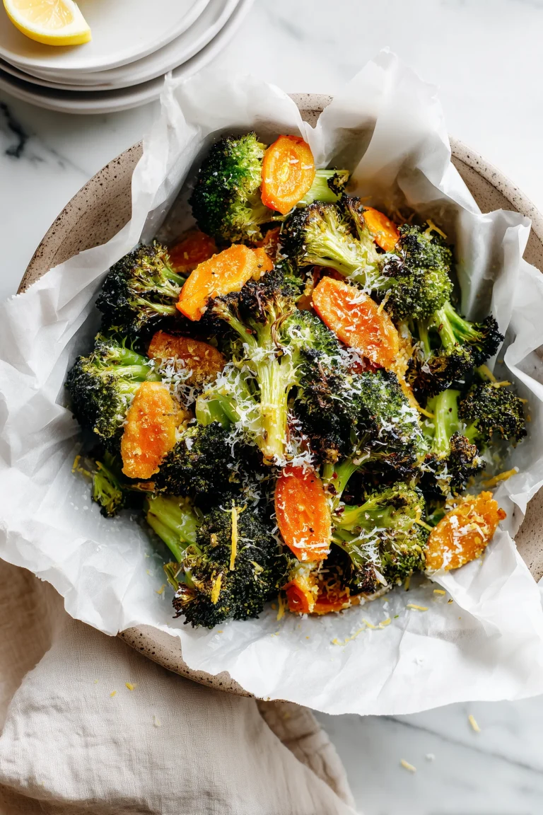 Sheet pan of Roasted Broccoli and Carrots with Parmesan, showing crispy browned florets and tender carrot coins on white parchment.